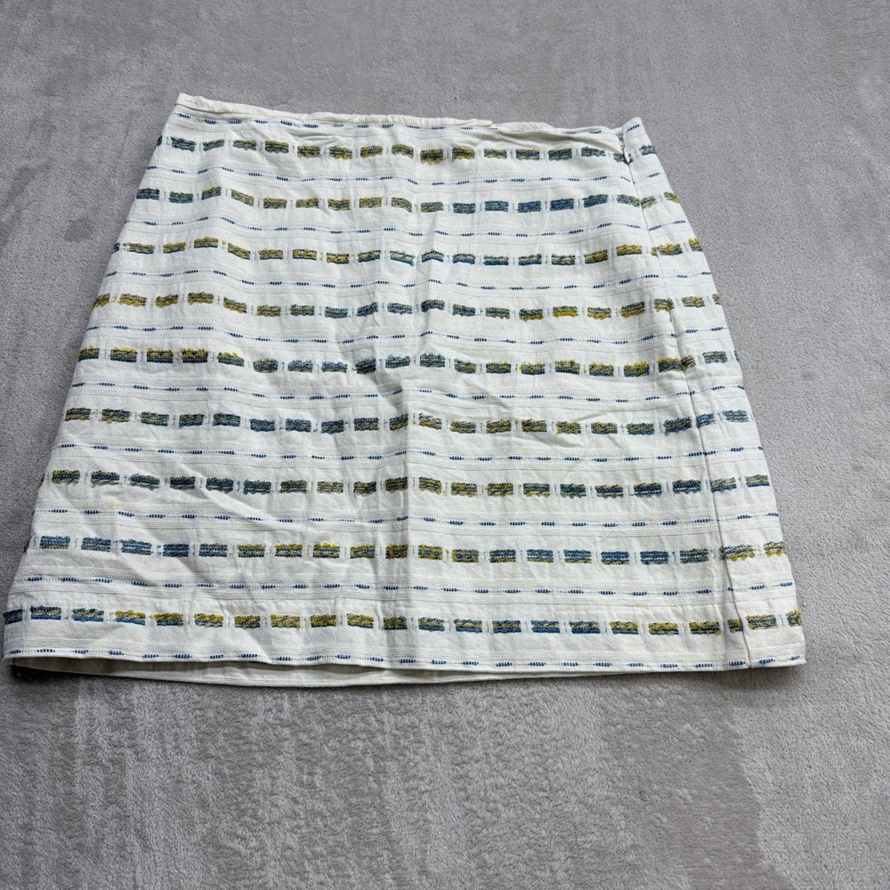 Loft A-Line Skirt Women's 10 Ivory Blue Yellow Embroidered Textured Cotton Blend